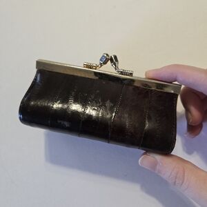 Vintage Brown Eel Skin Leather Coin Pouch/Purse/Bag With Silver Tone Clasp